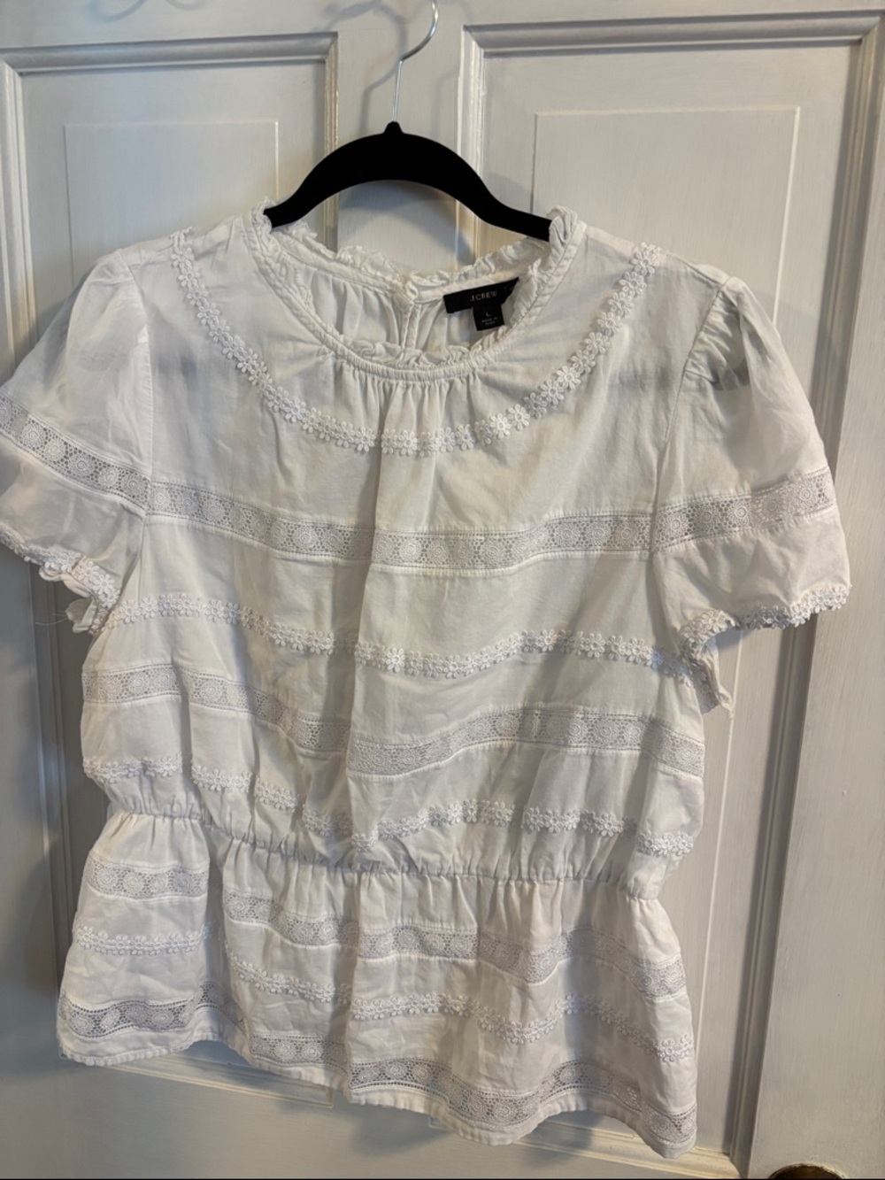 J. Crew White Eyelet Lace-Trim Blouse